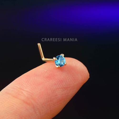 14K Real Gold Nose Studs 20G Nose Rings Studs L Shaped Nose Rings for Women Men Diamond CZ Nose Piercing - color: Yellow Gold-Round BLCZ
