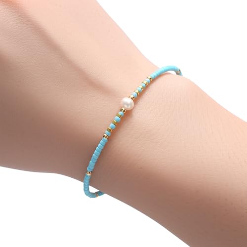 Boho Colorful Glass Gold Plated Seed Beaded Bracelets or Women, Handmade Romantic Freshwater Pearl Adjustable String Braided Rope Jewelry, Summer Beach Daily Party Friendship Gift - color: Blue