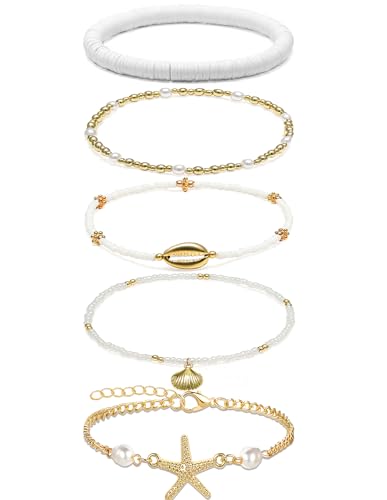 Shell Ankle Bracelet For Women Boho Beaded Seashell Starfish Conch Pearl Sea Turtle Puka Layered Gold Anklet Set Hawaiian Summer Beach Handmade Foot Jewelry Gift Set Adjustable - style: scallop
