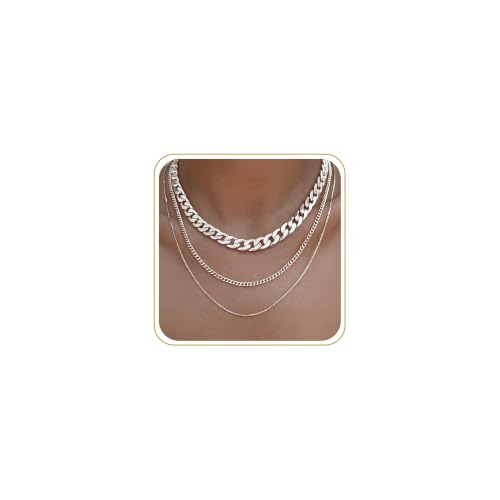 Tewiky Layered Necklaces for Women 14k Gold Plated Chain Necklace Set | Chunky Herringbone/Snake/Rope/Box/Cuban Link Chain for Women, Layering Stack Choker Necklace, Dainty Jewelry Set Non Tarnish - color: Silver--style I