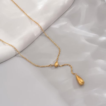 Dainty 18K Gold Plated Lariat Necklace for Women Delicate Y Chain Rose Pearl Diamond Long Drop Necklace Layering Bridal Jewelry Gift - color: Waterdrop-Gold