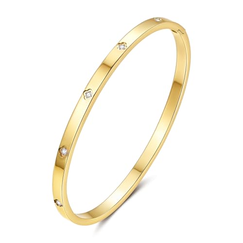 Joo&Rind Gold Bangle Bracelets for Women 18K Gold Plated Stainless Steel Bracelet Oval Hinged Bangles for Small Wrists Non Tarnish Waterproof with Cubic Zirconia Jewelry Gift for Everyday Wear Birthday - color: Small Cleef-Gold