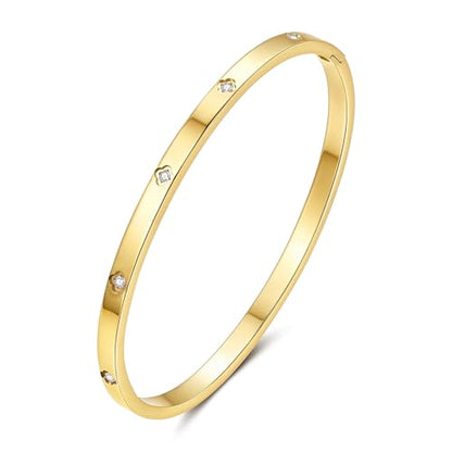 Joo&Rind Gold Bangle Bracelets for Women 18K Gold Plated Stainless Steel Bracelet Oval Hinged Bangles for Small Wrists Non Tarnish Waterproof with Cubic Zirconia Jewelry Gift for Everyday Wear Birthday - color: Small Cleef-Gold