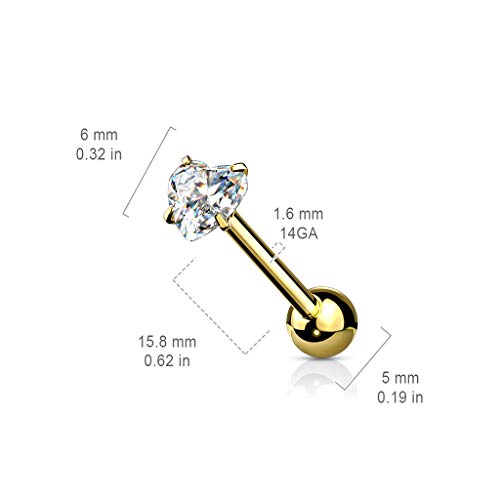 14 Gauge Prong Set Heart CZ 316L Surgical Steel Barbell Tongue Rings (Choose Color) - color: Aurora Borealis