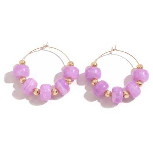 Colorful Beaded Earrings for Women Beaded Hoop Earrings | Chunky Acrylic Resin Boho Statement Drop Earrings Trendy Summer Beach Jewelry Accessories Gifts - color: Purple