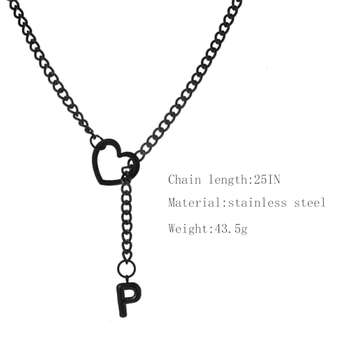 sroyte Black Heart Slip Chain Initial Necklaces for Women,Stainless Steel O-Ring Adjustable Lariat Heart Y-Necklace,Punk Gothic Cuban Collar Choker Necklace for women - color: Black P