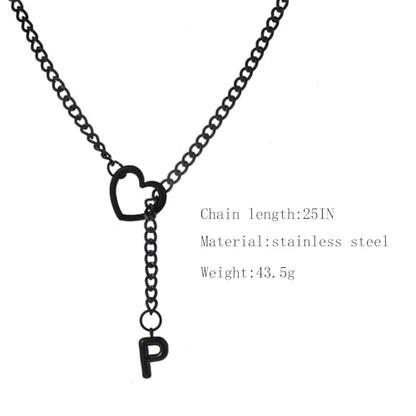 sroyte Black Heart Slip Chain Initial Necklaces for Women,Stainless Steel O-Ring Adjustable Lariat Heart Y-Necklace,Punk Gothic Cuban Collar Choker Necklace for women - color: Black P