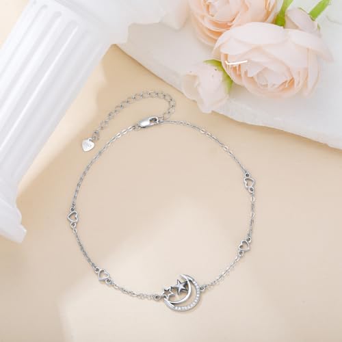 925 Sterling Silver Anklet Foot Bracelet with Crystal from Austria, Anklet Jewelry Gifts for Women 11 Inch Adjustable - style: Moon and Star