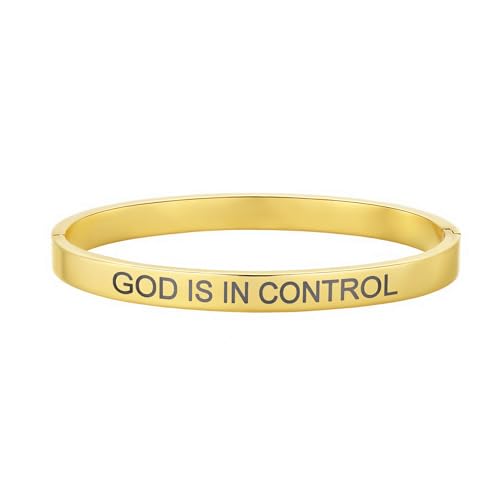 Inspirational Christian Bracelet for Women, Oval Engraved Bible Verse Love Bangle Cuff, Faith Scripture Jewelry, Religious Encouragement Gift for Mom Daughter Sister Friend - color: GOD IS IN CONTROL-Oval Bangle Gold