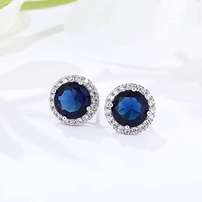 YOMELA Round Cubic Zirconia Stud Earrings for Women | Everyday Dainty, Diamond-Like Brilliance, CZ Halo Birthstone Studs, Hypoallergenic & Lightweight, Elegant & Versatile - color: Blue
