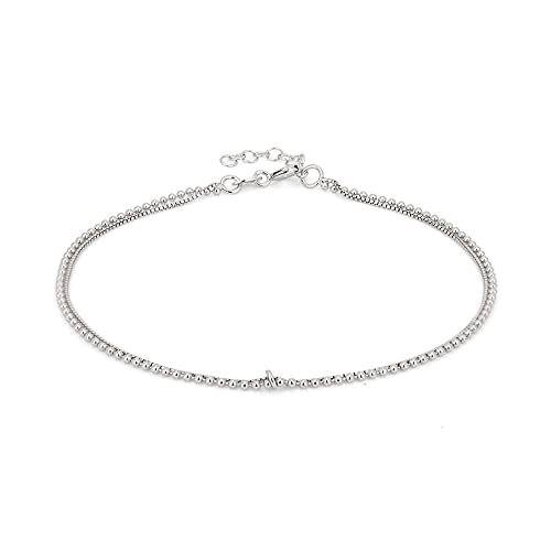 Vanbelle Sterling Silver Jewelry Double-Layered Beaded Chain Anklet with Rhodium Plating for Women