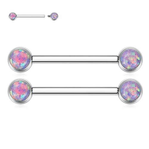 FUNLMO 2pcs Nipple Piercing Jewelry Titanium Nipple Rings Internally Threaded Tongue Rings Bridge Piercing Jewelry Nipple Barbells 14G 12-20mm - color: Silver,Purple Opal