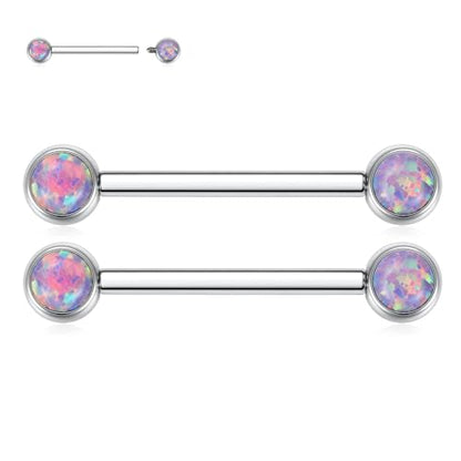 FUNLMO 2pcs Nipple Piercing Jewelry Titanium Nipple Rings Internally Threaded Tongue Rings Bridge Piercing Jewelry Nipple Barbells 14G 12-20mm - color: Silver,Purple Opal