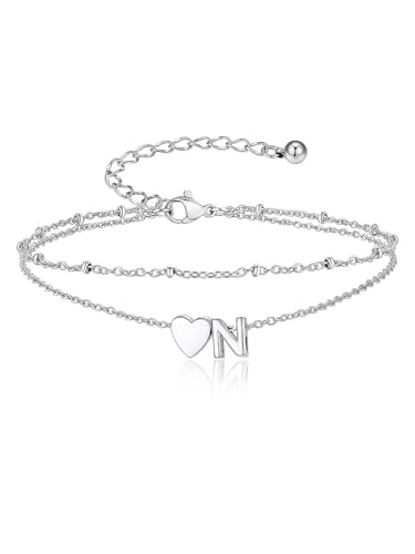 Suplight Initial Ankle Bracelets for Women 14K Gold Plate Waterproof No Tarnish Anklets Layered Heart Letter Anklet Adjustable Plus Size Foot Chain Summer Beach Boho Jewelry Silver Black 8.5-10 Inch - color: Silver, style: 14.N