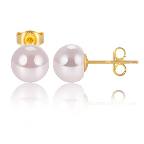EAMTI Pearl Earrings for Women Trendy 18K Gold Plated Sterling Silver Freshwater Cultured Pearl Stud Earrings Hypoallergenic 5.5-9.5MM - color: Pink-purple, size: 7.6-8.5mm