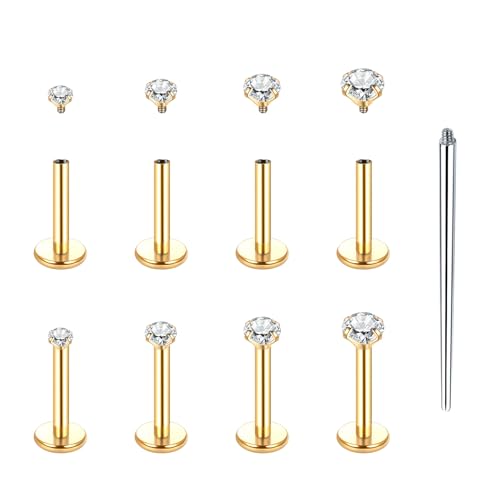 Xpircn Flat Back Stud Earrings 14K Gold Plated Internally Threaded CZ Stud Piercing Jewelry for Tragus Helix Cartilage Conch Nose Hypoallergenic Lip Labret Medusa Piercing 16G 18G - color: 16 Gauge, Gold, size: 8mm Bar