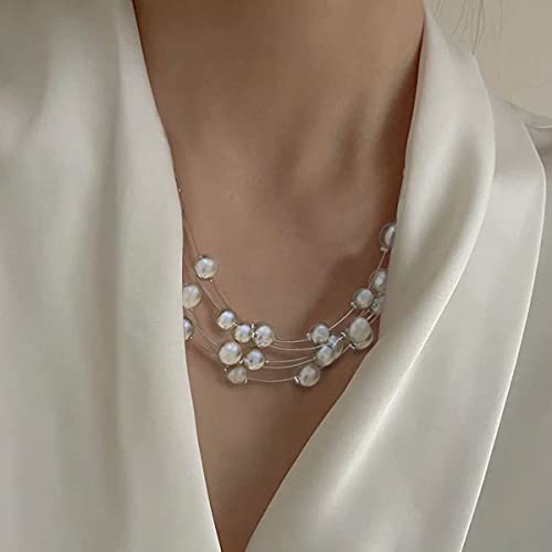 FULU AUTUMN Layered Pearl Necklace Multi-strand Pearl Choker Necklaces for Women Beaded jewelry for Wedding Parties - color: Champagne