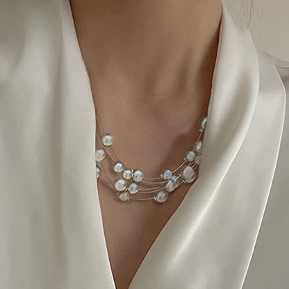 FULU AUTUMN Layered Pearl Necklace Multi-strand Pearl Choker Necklaces for Women Beaded jewelry for Wedding Parties - color: Champagne