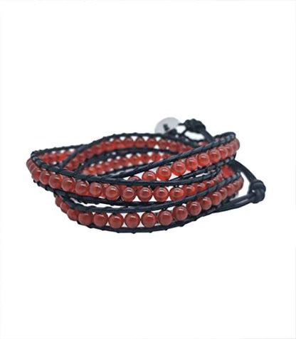 Handmade Alloy Leather Natural Stone Bead Statement Bracelet Bangle Cuff Rope 3 Wrap Adjustable Jewelry Collection - color: Red Carnelian