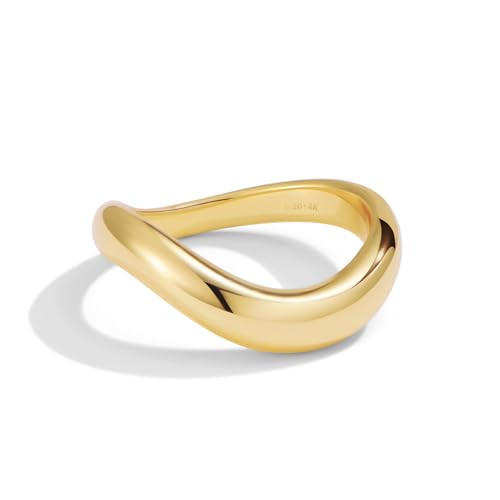 NOKMIT Chunky Wavy Dome Rings for Women, 14K Gold Filled Thick Curved Band | Statement Bold Wave Band | Stackable Thumb Ring | Hypoallergenic & Non-tarnish | Comfort Fit Size 6-10 - color: Gold