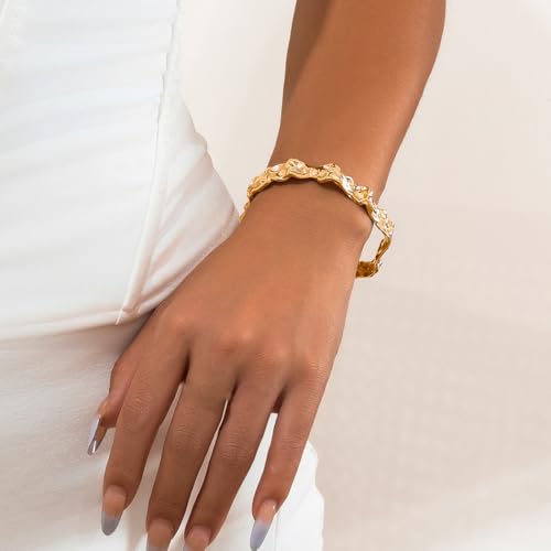 GIGB PBDK Chunky Cuff Bracelets for Women 14K Gold Minimalistic Hammered Cuff Bangle 12MM Wide Adjustable Textured Open Bangle Trendy Punk Jewelry Presents - color: Gold