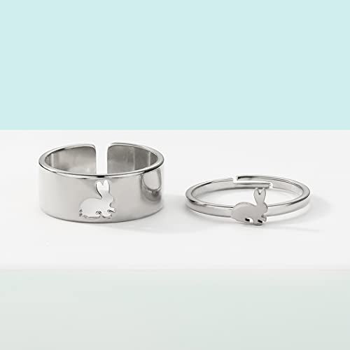 2PCS Matching Cute Animals Promise Engagement Rings for Couples Men Women Jewelry Band Sets 316L Stainless Steel Adjustable Open Ring - color: Rabbit-s