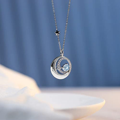FANCIME Birthstone Necklaces 925 Sterling Silver Moon and Star Pendant Fine Jewelry Birthday Mothers Day Gifts for Mom Wife Her Daughter, Adjustable Chain 16+2" - color: Mar.- Aquamarine
