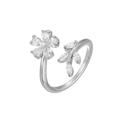 Kokoma Delicate Flower Leaf Wrap Finger Ring for Women Pink Cubic Zirconia Crystal Floral Statement Ring Promise Engagement Rings Adjustable Open Band - color: Silver
