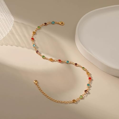 Ankle Bracelets for Women 18K Gold Plated Anklet for Women Gold Charm Anklet Waterproof Summer Beach Foot Chain Jewelry Gifts - style: round colorful cubic zirconia