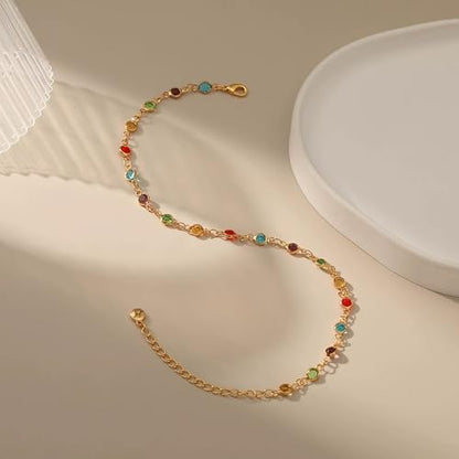 Ankle Bracelets for Women 18K Gold Plated Anklet for Women Gold Charm Anklet Waterproof Summer Beach Foot Chain Jewelry Gifts - style: round colorful cubic zirconia