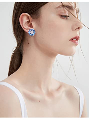 Crystal Flower Burst Stud Earirings - Big Sterling Silver CZ Cubic Zirconia Rhinestone Daisy Sunflower Floral Cluster Studs Bridal Wedding Party Prom Costume Jewelry for Bride Bridesmaids Women Birthstone Birthday Gift - color: Blue