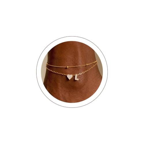 KeyStyle Heart Initial Ankle Bracelets for Women, Layered CZ A-Z Letter | 14K Gold Plated or Silver Stainless Steel Anklet, Hypoallergenic Waterproof Layered Jewelry for Daily Wear & Special Gifts - color: Gold-L
