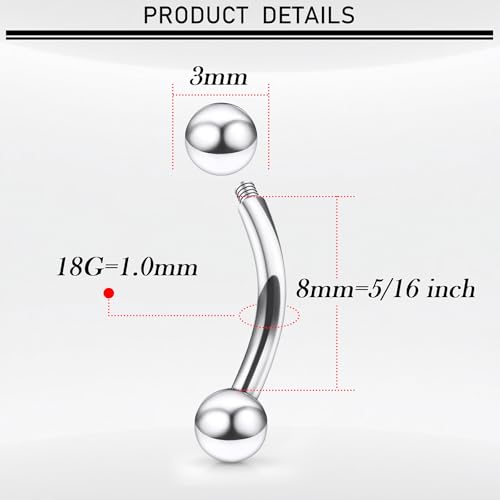 18G-00G Eyebrow Rings Internally Threaded Snake Eyes Piercing Jewelry Tongue Surgical Steel Curved Barbell Vertical Lip Labret Rook Daith Earrings Piercing Jewelry for Women Men 6mm-19mm - color: silver, size: 18G(1mm)-8mm barbells-3mm Balls