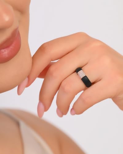 Rinfit Silicone Ring with Metal Plate & CZ for Women | AAAAA Grade Cubic Zirconia Stones, Flexible Rubber Wedding Band, Comfortable Fit, Engagement Ring for Her, Patented Design - color: Pack B: Black and Rose Gold