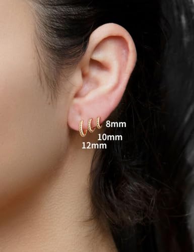 Fiusem 14K Gold Plated Huggie Hoop Earrings for Women | 8/10/12 Hypoallergenic Small Twisted beaded Huggie Earrings - color: Gold Twisted, size: 12MM