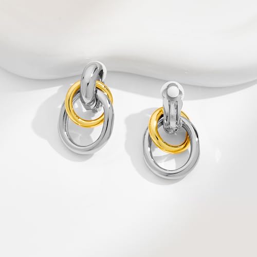 Gold Geometric Clip On Earrings for Women Chunky Gold Knot Link Clip Earrings Trendy Jewelry - color: Two Tone-A