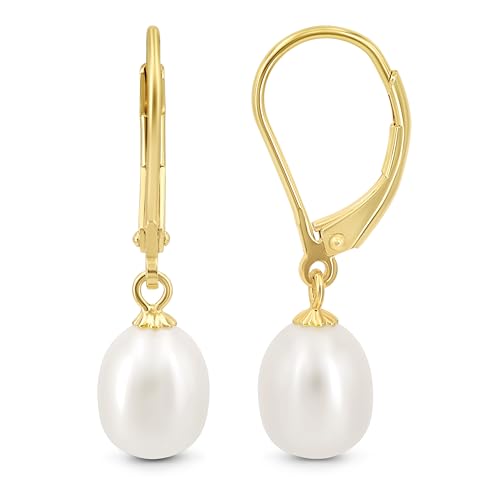 KEZEF Freshwater Cultured Pearl Drop Earrings, 14k White Gold Plated Sterling Silver, 7-8mm Dangle Earrings, Leverback, Hypoallergenic for Women, White Pearl Earrings - style: 14k Yellow Gold