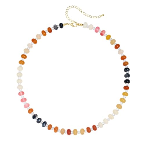 Colorful Beaded Choker Necklaces for Women | Large Natural Stone Bead, Boho Beach Necklace, Trendy Jewelry Gifts, 4 Style, 16+3 in - color: 01-Colorful-Brown