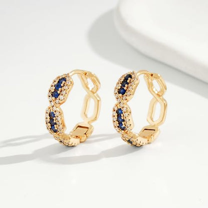 Huggie Hoop Earrings 14K Gold Plated Cubic Zirconia Dainty Simple Cute Beads Elegant CZ Circle Small Hoop Earring for Women Minimalist Handmade Hypoallergenic Jewelry - color: CZ-Blue