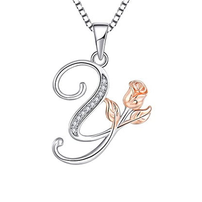 STARCHENIE Initial Necklace for Women Sterling Silver Letters 26 Alphabet Pendant Rose Flower Jewelry Gifts for Family Sisters Friend - color: Y