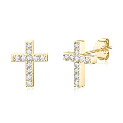 JIAYIQI Minimalist 925 Sterling Silver Stud Earrings Set, 14K Gold Plated Hypoallergenic Tiny Bar Dot Heart Star Studs for Women & Men - style: Gold-Cross-1 Pair