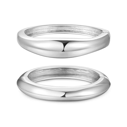 2pcs Gold Bangle Bracelets for Women, Trendy Hinged Cuff Open Wide Chunky Gold Bracelet Stack Arm Cuff Jewelry for Women - color: F-Silver Bangle