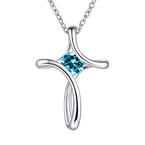 Cross Necklace for Women 925 Sterling Silver Birthstone Necklace for Women | Silver Necklaces with Diamond Sideways Birthstone Jewelry Gifts for Women 45+3cm Adjustable Chain - color: 12-Dec-Turquoise