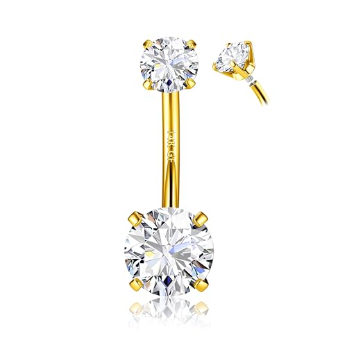 14G Surgical Steel G23 Titanium Sterling Silver 14K Gold Plated Belly Button Rings for Women Round Cubic Zirconia Navel Barbell Stud Hypoallergenic Body Piercing Jewelry - color: 14K Gold Plated, size: 12mm-Loose