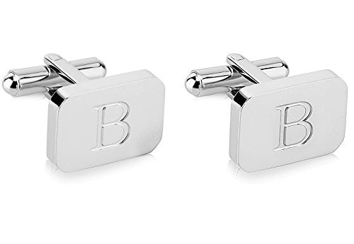 18K White-Gold Plated Initial Engraved Stainless Steel Men’s Cufflinks With Gift Box -Personalized Alphabet Letter’s A-Z By Lux & Pair - style: B- White Gold