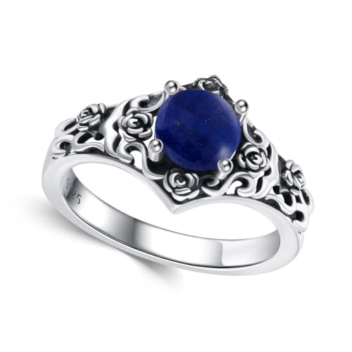 Vintage Rose Filigree 1 Carat Round Cut Genuine or Lab Grown Gemstone Statement Ring 925 Sterling Silver Birthstone Oxidized Anniversary Promise Ring for Women Gifts Size 5-18 - color: Lapis Lazuli