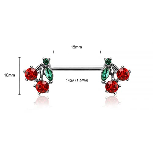 Pierced Owl 14GA 316L Stainless Steel CZ Crystal Red Cherry Ends Nipple Barbells, Sold as a Pair - style: Gold Tone