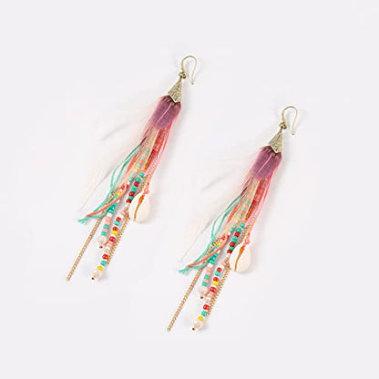 Bohemian Feather Dangle Earrings for Women with Shell Beads Long Tassel Design Drop Earrings - style: Style-Colorful