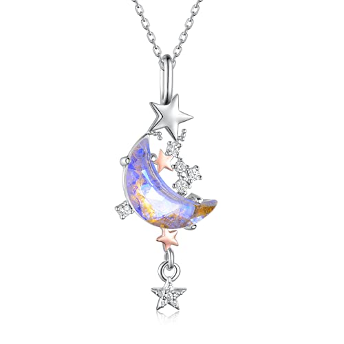 Moonstone Moon Star Necklace for Women 925 Sterling Silver Created Cubic Zirconia Stars Moon Necklaces Anniversary Birthday Jewelry Gift for Women Mom Wife