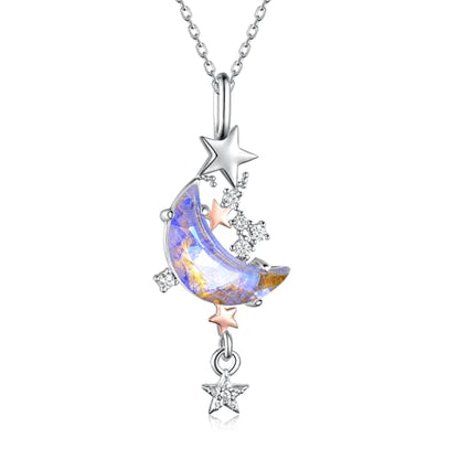 Moonstone Moon Star Necklace for Women 925 Sterling Silver Created Cubic Zirconia Stars Moon Necklaces Anniversary Birthday Jewelry Gift for Women Mom Wife